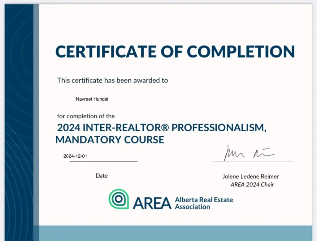 Alberta Real Estate Association Certificate to Navneet Hundal